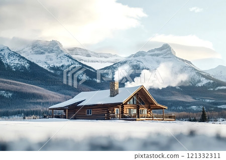 Log cabin nestled in snowy mountain landscape with smoke billowing from chimney 121332311