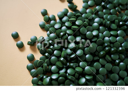 Superfood chlorella in tablet form. Superfood chlorella in tablet form. 121332396