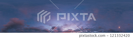 360 panorama of glowing sunset sky with bright pink Cumulus clouds. HDR 360 seamless spherical panorama. Full zenith or sky dome sky replacement for aerial drone panoramas. Climate and weather change. 121332420