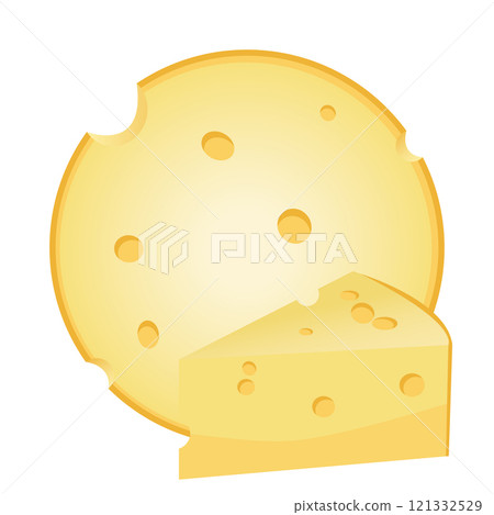 Cheese wheel and triangular shape cut piece from a large cheese head, isolated on white. 121332529