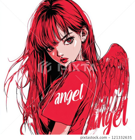 Anime girl, manga comic y2k style. Cool trendy print for t-shirt, wall poster, notebook cover with text "Angel". Anime girl, manga comic y2k style. Cool trendy print for t-shirt, wall poster, notebook cover with text "Angel". 121332635