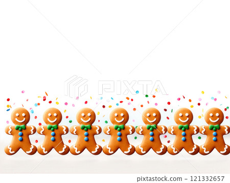 Whimsical Christmas border featuring a line of dancing gingerbread people, with a sprinkle of colorful confetti, on a transparent backdrop. 121332657