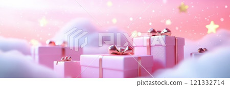 Holiday pink background with gift, white satin bow, ribbon. Valentine's Day, Happy Women's Day, Mother's Day, Birthday, Wedding, Christmas. space for text Holiday pink background with gift, white satin bow, ribbon. Valentine's Day, Happy Women's Day, Mother's Day, Birthday, Wedding, Christmas. space for text 121332714