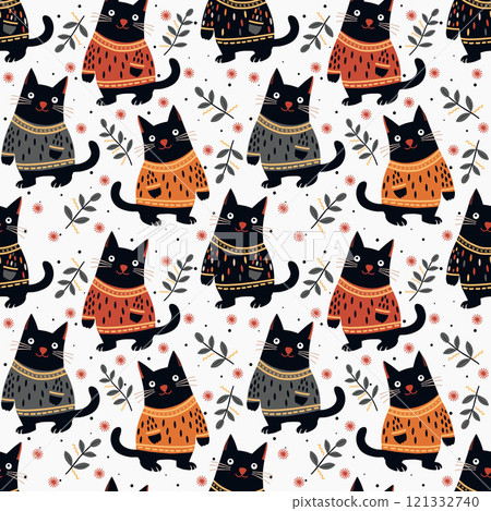 black funny cats on a white background. seamless pattern 121332740