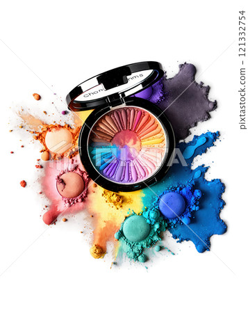 Eyeshadow Palette A colorful eyeshadow palette with vibrant colors, with a burst of colored powder floating around it, on a 121332754
