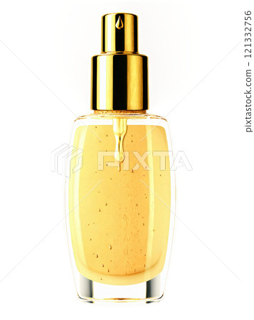 Foundation Bottle A luxurious foundation bottle with a gold cap, with droplets of foundation artistically splashed around it, on a 121332756