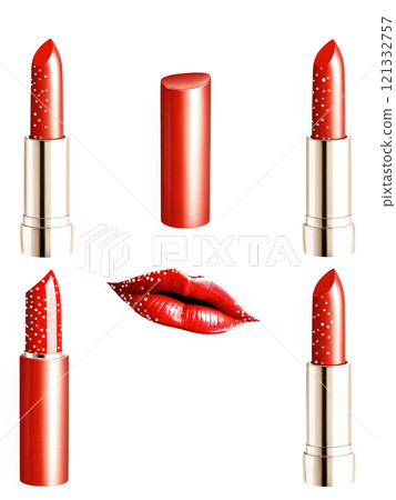 Lipstick A vibrant red lipstick with a glossy finish, elegantly suspended in mid-air, surrounded by twinkling specks of light, on 121332757