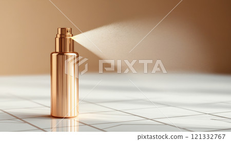 Makeup setting spray bottle mid-mist, fine droplets dispersing to lock in flawless, long-lasting coverage 121332767