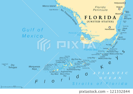 Florida Keys, United States, political map. Coral cay archipelago off the southern coast of Florida Peninsula, extend in an arc to the westernmost of the inhabited islands Key West, to Dry Tortugas. 121332844