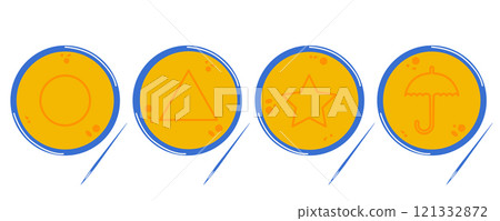 Korean Dalgona sugar toffees, sweets with signs triangle, circle, umbrella and star. Flat Vector illustration. 121332872
