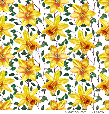 Yellow daffodils and green leaves and branches, hand painted in watercolor. Seamless watercolor pattern with daffodils. Suitable for printing on cards, invitations, for March 8, spring products 121332978