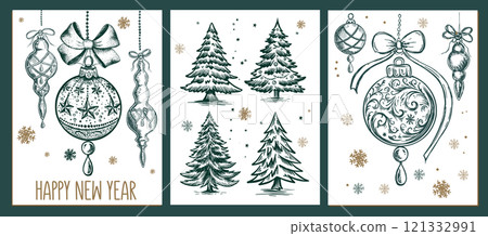 Christmas toy, ball, tree, set, Hand drawn illustration Christmas toy, ball, tree, set, Hand drawn illustration 121332991