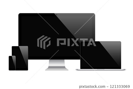 mockup gadget and device: smartphones, tablets, laptops and computer monitors black color with blank screen isolated on white background. vector illustration 121333069