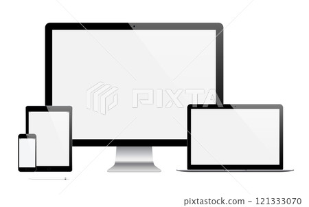 mockup gadget and device: smartphones, tablets, laptops and computer monitors black color with blank screen isolated on white background. vector illustration mockup gadget and device: smartphones, tablets, laptops and computer monitors black color with blank screen isolated on white background. vector illustration 121333070