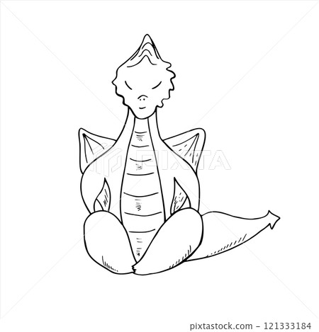 Monochrome dragon sitting in lotus pose illustration painted by black inks. Fairytale animal practicing fitness exercises and meditation graphic sketch. For yoga center, spa, label, poster. Monochrome dragon sitting in lotus pose illustration painted by black inks. Fairytale animal practicing fitness exercises and meditation graphic sketch. For yoga center, spa, label, poster. 121333184