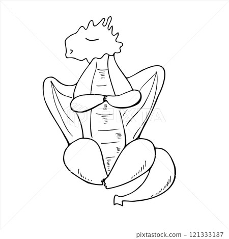 monochrome dragon sitting in lotus pose line ink illustration in black and white. Winged fairytale animal practicing fitness exercises etching drawing. For yoga center, spa, label, poster. monochrome dragon sitting in lotus pose line ink illustration in black and white. Winged fairytale animal practicing fitness exercises etching drawing. For yoga center, spa, label, poster. 121333187