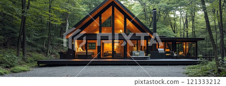 A modern A-frame cabin in the woods with black metal accents, large windows, and a gravel driveway. A modern A-frame cabin in the woods with black metal accents, large windows, and a gravel driveway. 121333212