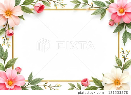A floral frame with pink, white, and yellow flowers, leaves, and a gold border 121333278