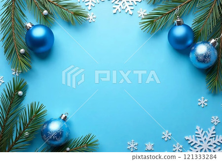Blue and white Christmas background with pine branches, ornaments, and snowflakes Blue and white Christmas background with pine branches, ornaments, and snowflakes 121333284