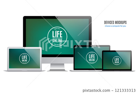 mockup devices: laptops and computer monitor with colored screen isolated on white background. stock vector illustration eps10 mockup devices: laptops and computer monitor with colored screen isolated on white background. stock vector illustration eps10 121333313