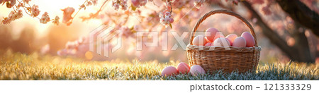 Easter eggs in beautiful garden, panoramic banner with nest on grass and cherry blossom on blurred sunny background. Concept of holiday, spring, web header 121333329