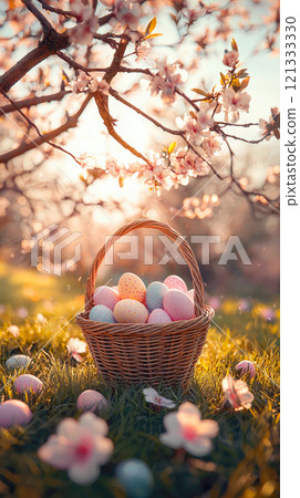 Easter eggs in beautiful garden, vertical view of nest on grass and cherry blossom on blurred sunny background. Concept of holiday, spring, nature 121333330