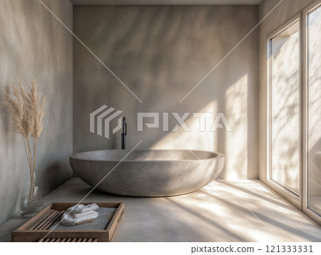 A minimalist bathroom features a freestanding stone bathtub, placed on a platform with a textured microcement finish 121333331