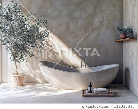 A minimalist bathroom features a freestanding stone bathtub, placed on a platform with a textured microcement finish. A minimalist bathroom features a freestanding stone bathtub, placed on a platform with a textured microcement finish. 121333333