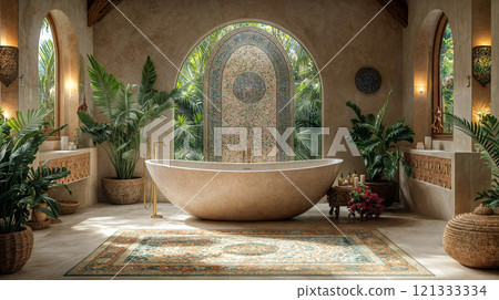 A luxurious, bohemian-inspired bathroom features a freestanding stone bathtub, placed on a platform with a textured microcement finish. 121333334