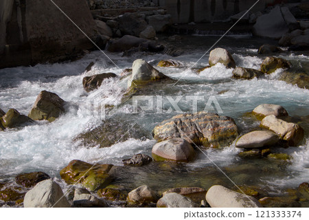 Flowing River Rapids with Rocks in Sunlit Landscape 121333374