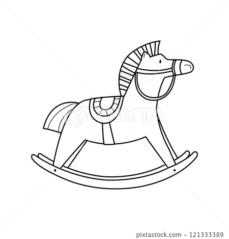 A cute coloring page with a rocking horse. A black and white illustration of a children toy animal. 121333389