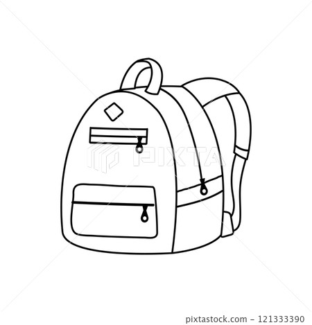 A coloring page with a simple school backpack. Black and white doodle rucksack. 121333390