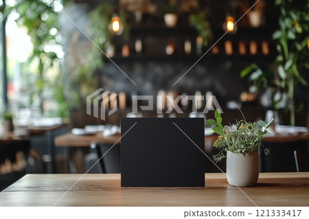 Modern table decor with blank card and greenery in a restaurant 121333417