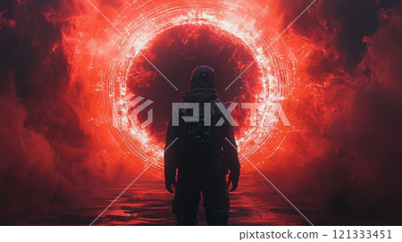 Explorer Facing Fiery Energy Portal in a Smoky Environment 121333451