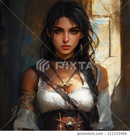 Dark-haired woman in medieval-inspired attire 121333466