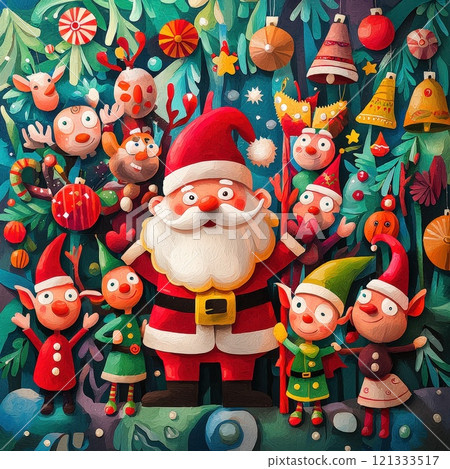 Santa Claus and cheerful elves in vibrant Christmas scene 121333517