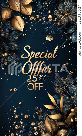 Elegant holiday offer with golden decorations on dark blue 121333524