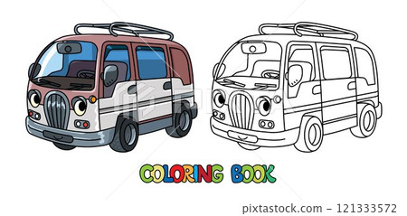 Funny small food truck car with eyes Coloring book 121333572