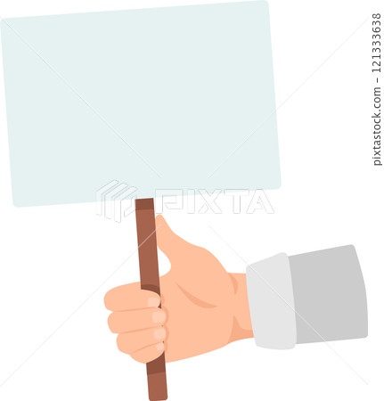 Close up of a hand firmly gripping a blank protest sign, poised for a powerful message advocating for change, social justice, or political expression against a clean white background 121333638