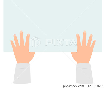 Two hands grasping a blank sign featuring ample copy space, ideal for personal messages or creative designs, set against a clean white background for maximum impact 121333645