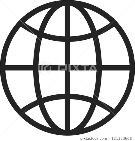 Simple black and white globe icon symbolizing global communication, international business, and worldwide connectivity in a minimalist design 121333668