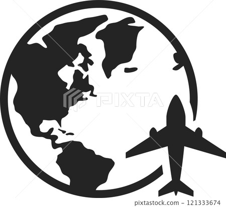 Stylized silhouette of a passenger airplane flying around the world, representing concepts such as international travel, tourism, and global connections 121333674