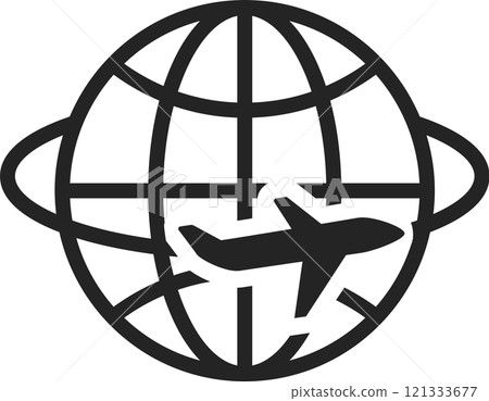Simple black and white vector icon of an airplane flying around the earth globe, representing concepts such as international travel, tourism, and global transportation 121333677