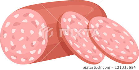 Whole sausage featuring slices that reveal intricate meat texture, ideal for highlighting food products or illustrating various culinary concepts and dishes 121333684