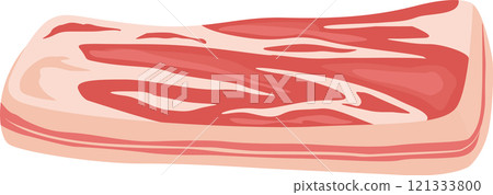 Raw pork belly slab displaying the characteristic marbling and fat layers, ideal for various culinary preparations, highlighting the quality and texture of the meat 121333800