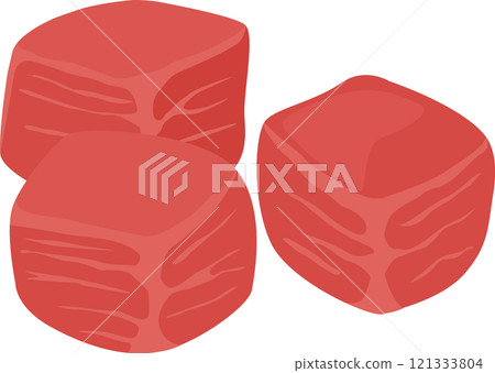 Three succulent cubes of fresh, raw beef are ready for cooking, representing healthy eating, culinary versatility, and the joys of preparing a delicious meal 121333804