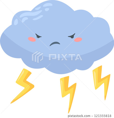 Stylized, cartoon depiction of a storm cloud with an angry expression, producing lightning bolts, set against a plain white backdrop, evokes a sense of stormy weather and potential danger Stylized, cartoon depiction of a storm cloud with an angry expression, producing lightning bolts, set against a plain white backdrop, evokes a sense of stormy weather and potential danger 121333818