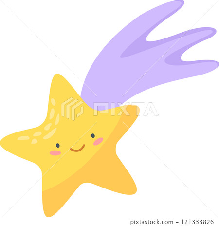Smiling cartoon shooting star is flying across the sky leaving a purple trail, perfect for children book illustrations or any other project related to astronomy and space 121333826