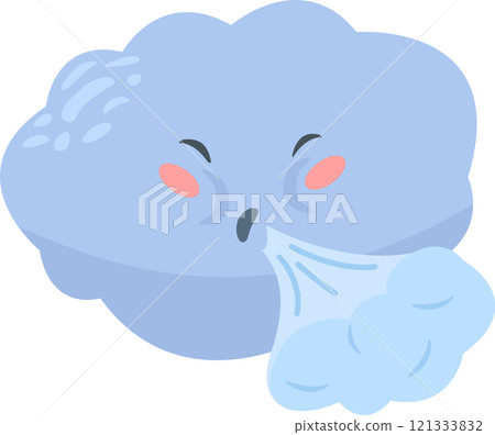 Cartoon cloud is blowing cold wind with its mouth, creating a gust of air, ideal for representing weather, meteorology, winter, or a funny character 121333832