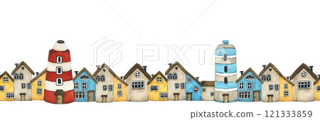 Seamless border of colorful houses. Little houses watercolor cute cartoon illustration. Row of different houses on white background. Hand drawn painting sea buildings. Children's clip art of street 121333859
